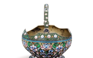 A Russian silver-gilt and cloisonné enamel swing-handle sugar basket, mark of Grigoriy Mikhailovich Sbitnev, Moscow, 1908-17
