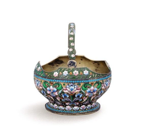 A Russian silver-gilt and cloisonné enamel swing-handle sugar basket, mark of Grigoriy Mikhailovich Sbitnev, Moscow, 1908-17