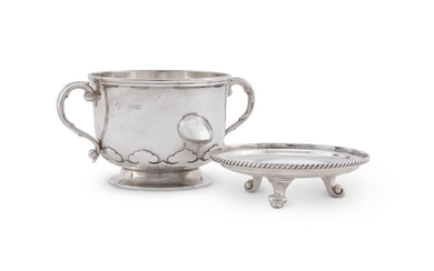 A SILVER TWIN HANDLED CUP AND COVER/STAND IN CHARLES II STYLE, WILLIAM HUTTON & SONS LTD