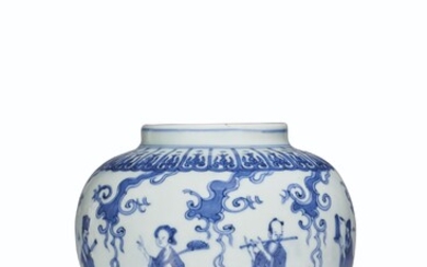 A SMALL BLUE AND WHITE 'DAOIST IMMORTALS' JAR, WANLI SIX-CHARACTER MARK IN UNDERGLAZE BLUE WITHIN A DOUBLE CIRCLE AND OF THE PERIOD (1573-1619)