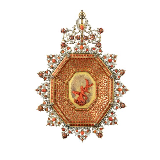 A Sicilian, Trapani coral inlaid and gilt copper octagonal devotional plaque with Saint Francis, Late 17th century