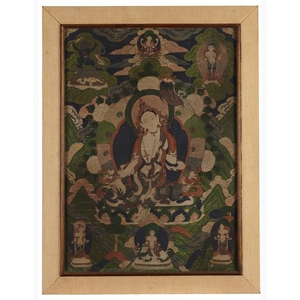 A Sino-Tibetan Thangka depicting a Bodhisattva and retinue Colors...