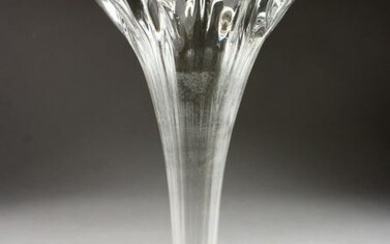 A TALL VICTORIAN TRUMPET SHAPED VASE, on a circular
