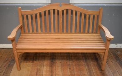 A TEAK BENCH SEAT (H103 X W157 X D65 CM) (PLEASE NOTE THIS HEAVY ITEM MUST BE REMOVED BY CARRIERS AT THE CUSTOMER'S EXPENSE. LEONARD..