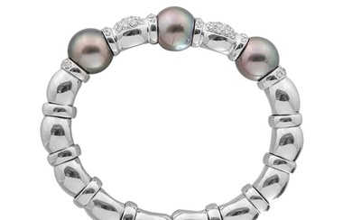 A Tahitian grey pearl and brilliant cut diamond bangle Set t...