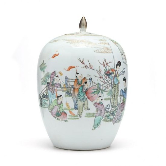 A Tall Chinese Porcelain Famille Rose Ginger Jar with
