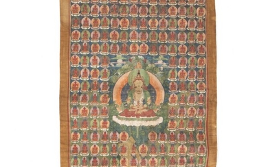 A Tibetan thangka with Amitayus surrounded by small Amitayus figures. Early 20th century. Visible image 80×50 cm.