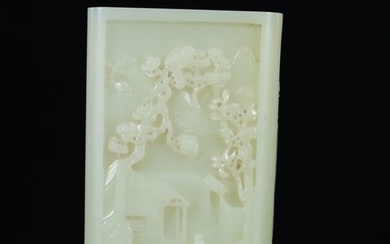 A Wonderful Rectangular White Jade 'Landscape& Figure' Brush Pot WithA Redwood Stand