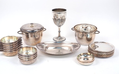 A collection of silver plated tableware comprising: a set of ten finger bowls with twin shell handles; a set of twelve side plates; two ice buckets (one lid deficient); an oval dish and a trophy cup (a lot)
