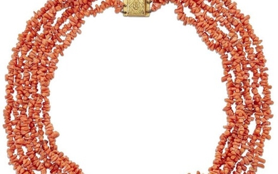 A coral necklace, composed of five rows of varying lengths of branch coral (corallium rubrum) to a gilt rectangular clasp, length of shortest row 37.5cm
