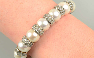 An 18ct gold cultured pearl and pavé-set diamond spacer cuff bangle.