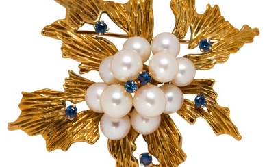 A cultured pearl, sapphire and 18k gold brooch