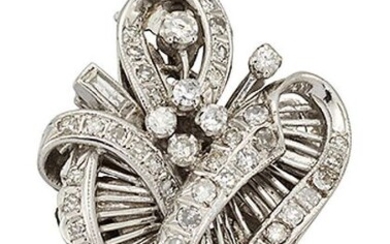 A diamond cluster brooch/pendant, of entwined ribbon spray...