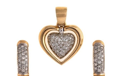 A diamond heart pendant and pair of earrings, the pendant with swing centre heart motif pave-set with brilliant-cut diamonds, the earrings similarly set of hoop design, pendant 3cm x 2.2cm, earrings hinged post fittings, 2cm