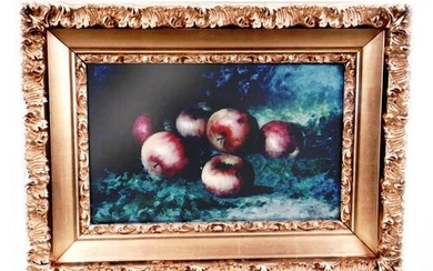 A fine oil on canvas still life of apples in the grass