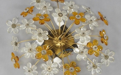 A gilt metal and cut glass ceiling light, c.1960, with four light fittings, having amber and clear glass floral motif droplets, 50cm diameter It is the buyer's responsibility to ensure that electrical items are professionally rewired for use.