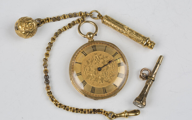 A gold cased keywind open-faced lady's fob watch with unsigned gilt cylinder movement, the dial