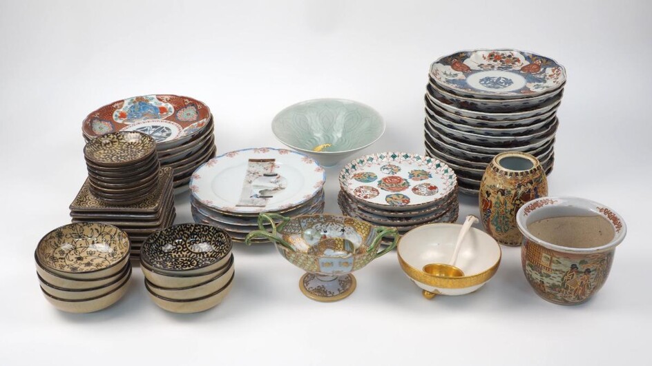 A group of Asian ceramic wares, 19th/20th century, comprising: twelve Japanese Imari plates, eight Japanese Imari plates, six Chinese plates decorated with lanterns and birds, six small Chinese plates, a modern Celedon glazed bowl, a Chinese sauce...