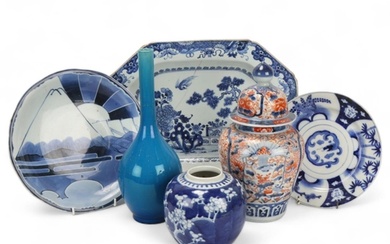 A group of Chinese porcelain items, tallest blue glaze vase ...