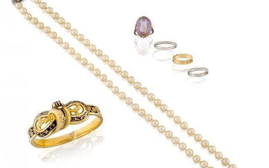 A group of jewellery, comprising: three band rings, two platinum, one engraved Garrard, 3.3g, the other, 2.4g, the third 9ct gold, 1.6g; an oval amethyst single stone ring; a 19th century gold and enamel bangle; and a cultured pearl necklace (6)