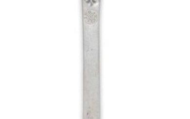 A lace-back silver trefid spoon, unmarked, the reverse of bowl and front of terminal with foliate scroll decoration, the front of the stem later scratch engraved 'J Francis' and the reverse of the terminal prick dot engraved with the initials R...