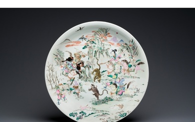 A large Chinese famille rose 'tiger hunting' dish, Yongzheng...
