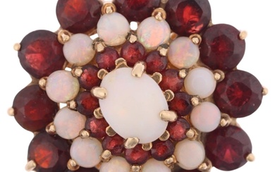 A large late 20th century 9ct gold opal and garnet flowerhea...