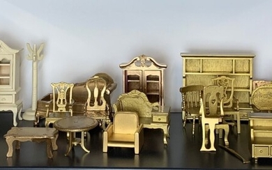 A large quantity of dolls house gilt and white painted wooden living room furniture.