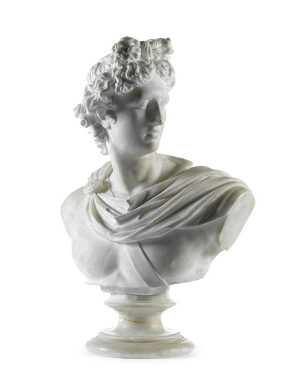 A late 19th century / early 20th century Italian carved white marble bust of the Apollo Belvedere
