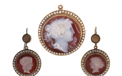 A mid 19th century hardstone cameo and seed pearl -set brooch pendant and pair of earrings