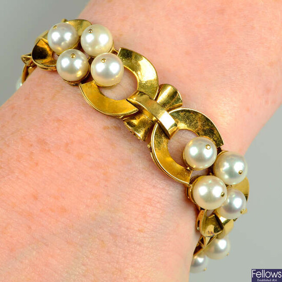 A mid 20th century 18ct gold cultured pearl bracelet.