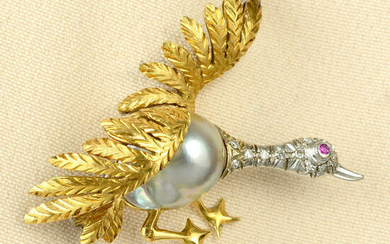 A mid 20th century baroque cultured pearl and diamond goose brooch, with ruby accent eye.