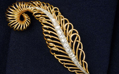 A mid 20th century old-cut diamond openwork feather brooch.