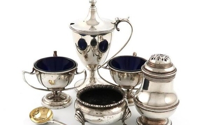 A mixed lot of silver items, various dates and makers, comprising: a mustard pot, by Holland, Aldewinckle and Slater, London 1910, vase form, beaded borders, on a raised circular foot, with a blue glass liner, a pair of salt cellars in the Art Nouveau...