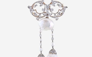 A natural pearl, diamond, eighteen karat gold, and platinum brooch