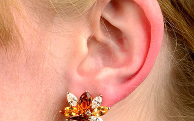 A pair of 18ct gold citrine and vari-cut diamond earrings.