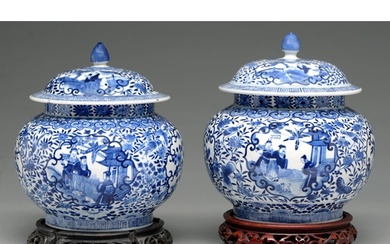 A pair of Chinese blue and white jars and covers, late 19th ...