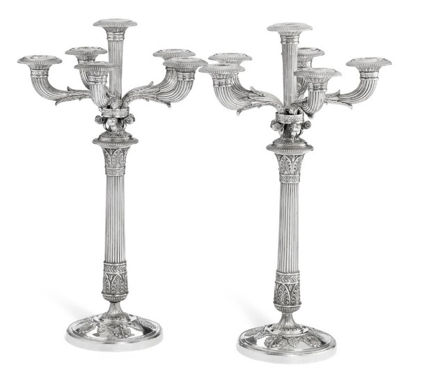 A pair of German Empire-style silver six-light candelabra. Maker Koch & Bergfeld, Bremen c. 1900. Weight 4120 g. H. 53 cm. (2)