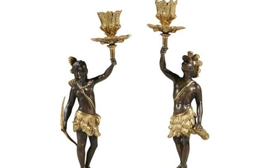 A pair of Louis XV style gilt and patinated bronze