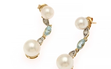 A pair of ear pendants each set with two cultured pearls, two diamonds and a blue topaz, mounted in 18k gold. L. 35 mm. (2)