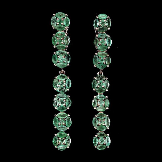 A pair of emerald ear pendants each set with numerous navette and circular-cut emeralds, mounted in rose gold plated sterling silver. L. 4.3 cm. (2)