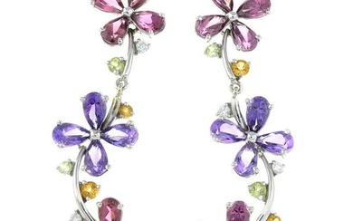 A pair of garnet, amethyst and gem-set floral drop earrings.