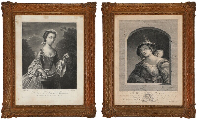 NOT SOLD. A pair of neo rococo frames of giltwood and gesso. The prints after...
