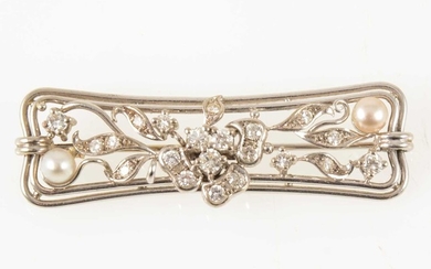 A pearl and diamond bar brooch.