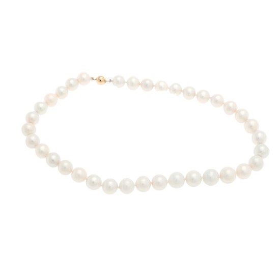 A pearl necklace of numerous cultured freshwater pearls and a clasp of 14k gold. Pearl diam. app. 11.1–12.8 mm. L. app. 45 cm.