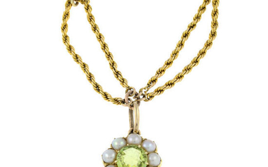 A peridot and split pearl festoon necklace, with seed pearl accents.