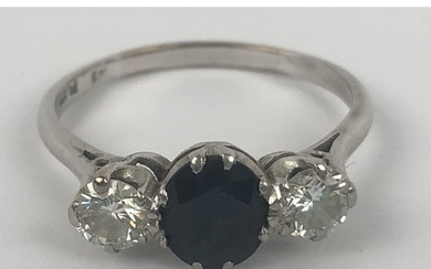 A platinum, sapphire and diamond three stone ring, diamond 0...