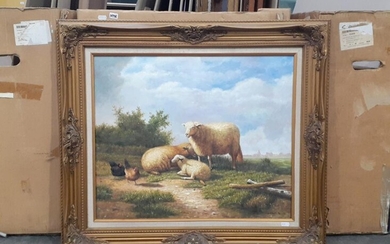 A quaint C19th Style Painting depicting Sheep and Chickens Artist frame: 72 x 80 cm, unsigned