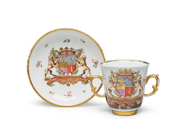 A rare Meissen armorial two-handled beaker and saucer from the Campoflorido service, circa 1739-40