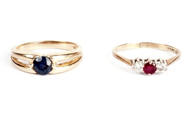 A sapphire ring; and a ruby and diamond ring